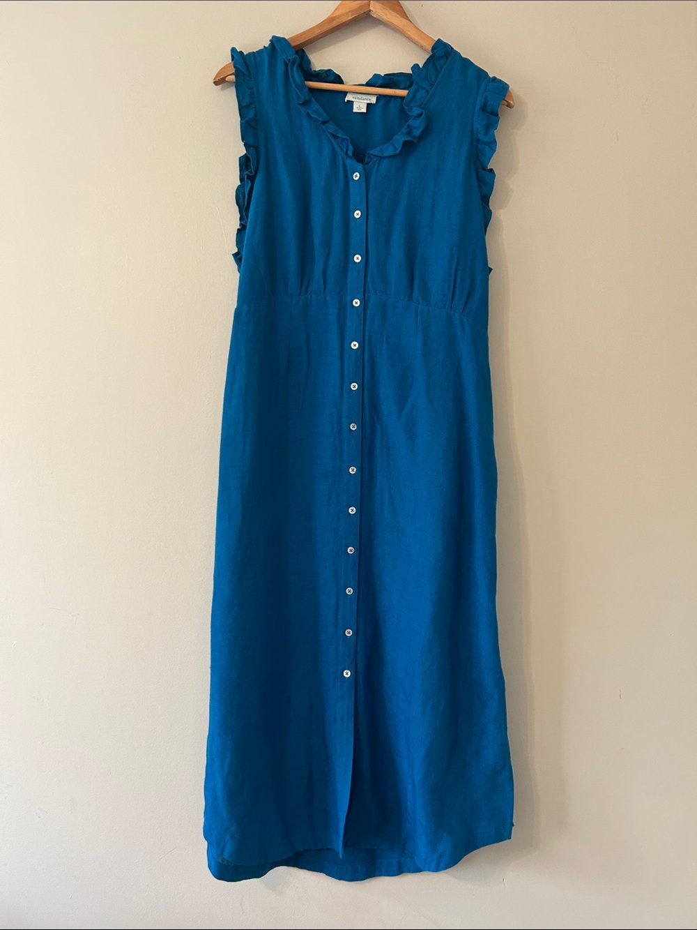 Sundance Large Teal Maxi Dress a Sleeveless Ruffle Trim Button Down Linen Blend